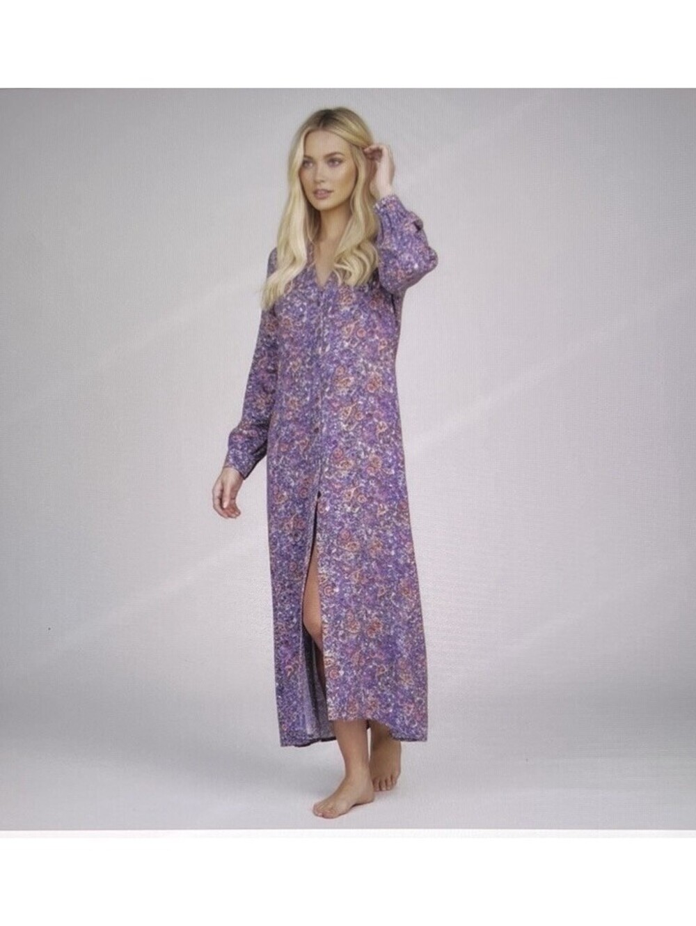 Natural Life Same Long Sleeve Maxi Shirt Dress Sister Sz S Purple Paisley Floral